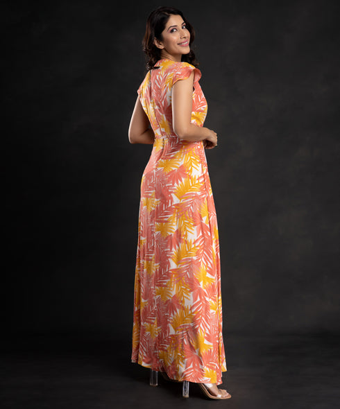 Colorful Leaves Printed Front Slit Maxi